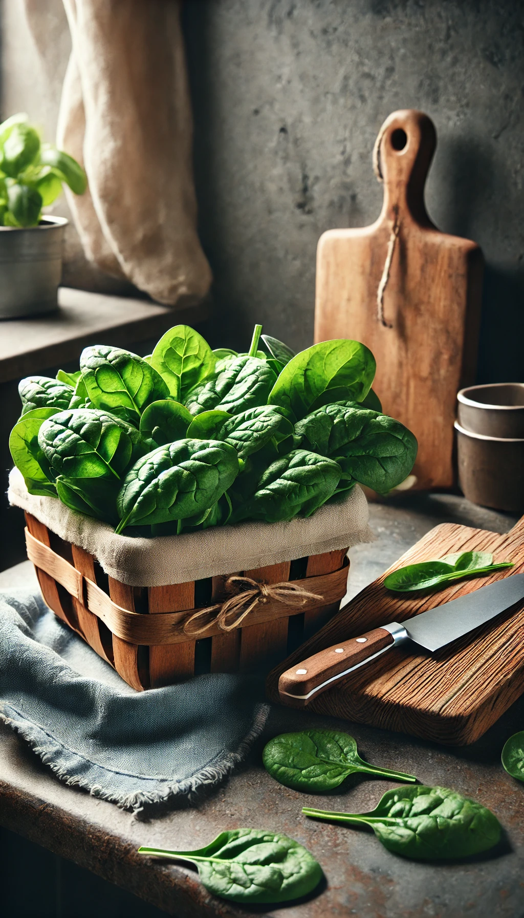 A fresh bunch of spinach leaves in a rustic wooden basket, placed on a kitchen counter next to a chopping board and knife, ready for preparation.