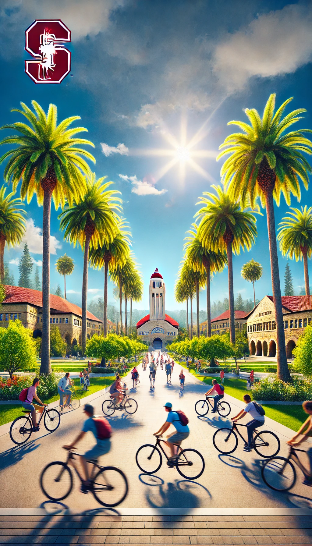 Stanford’s iconic Hoover Tower with palm trees and students biking through the vibrant campus under a sunny California sky.