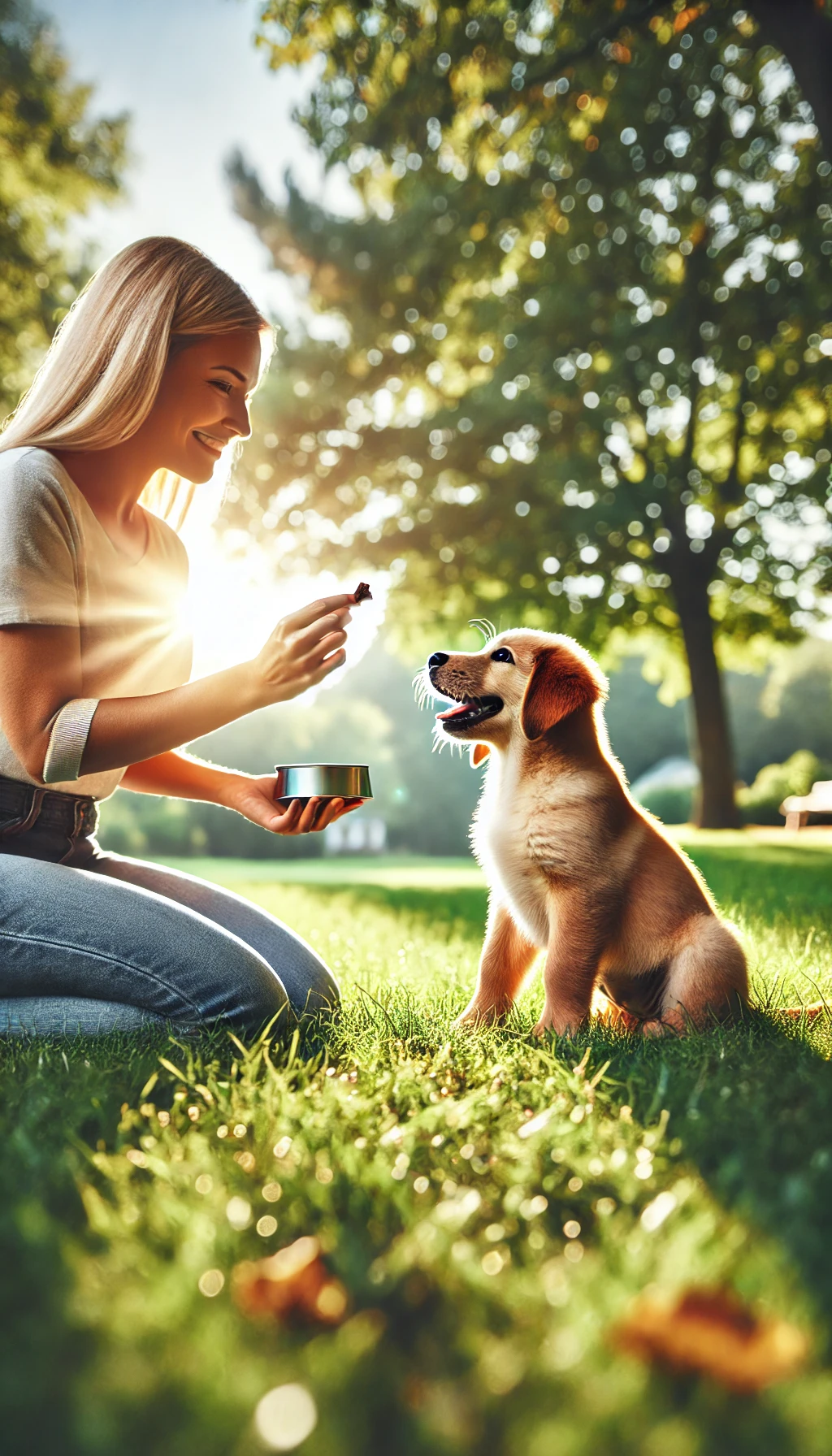 A puppy sitting attentively in front of its owner in a sunny park, with the owner holding a treat, creating a happy and focused training moment.