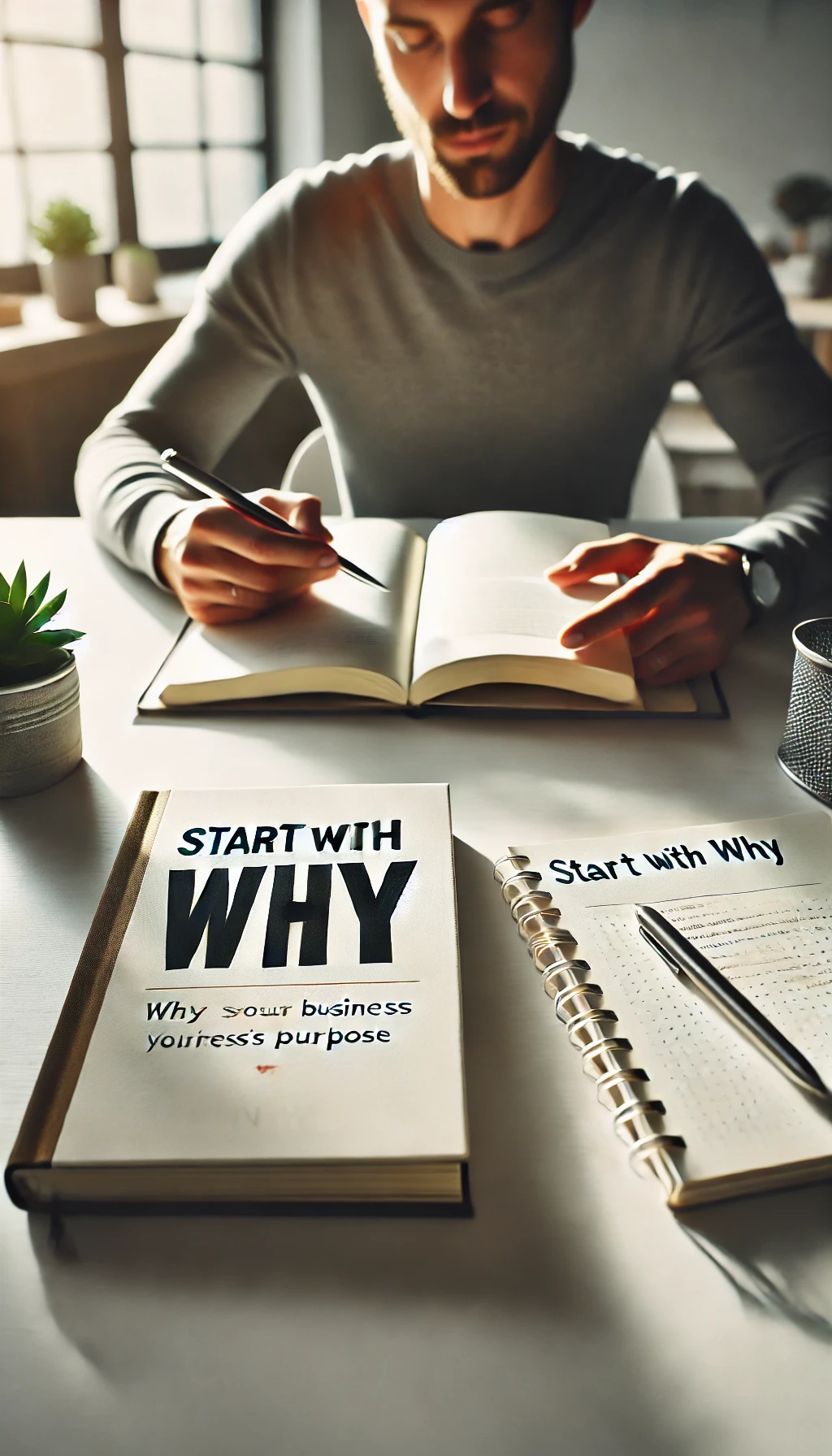 A person reading Start with Why at a clean desk, with a notebook open and a pen nearby, reflecting on their business’s purpose.