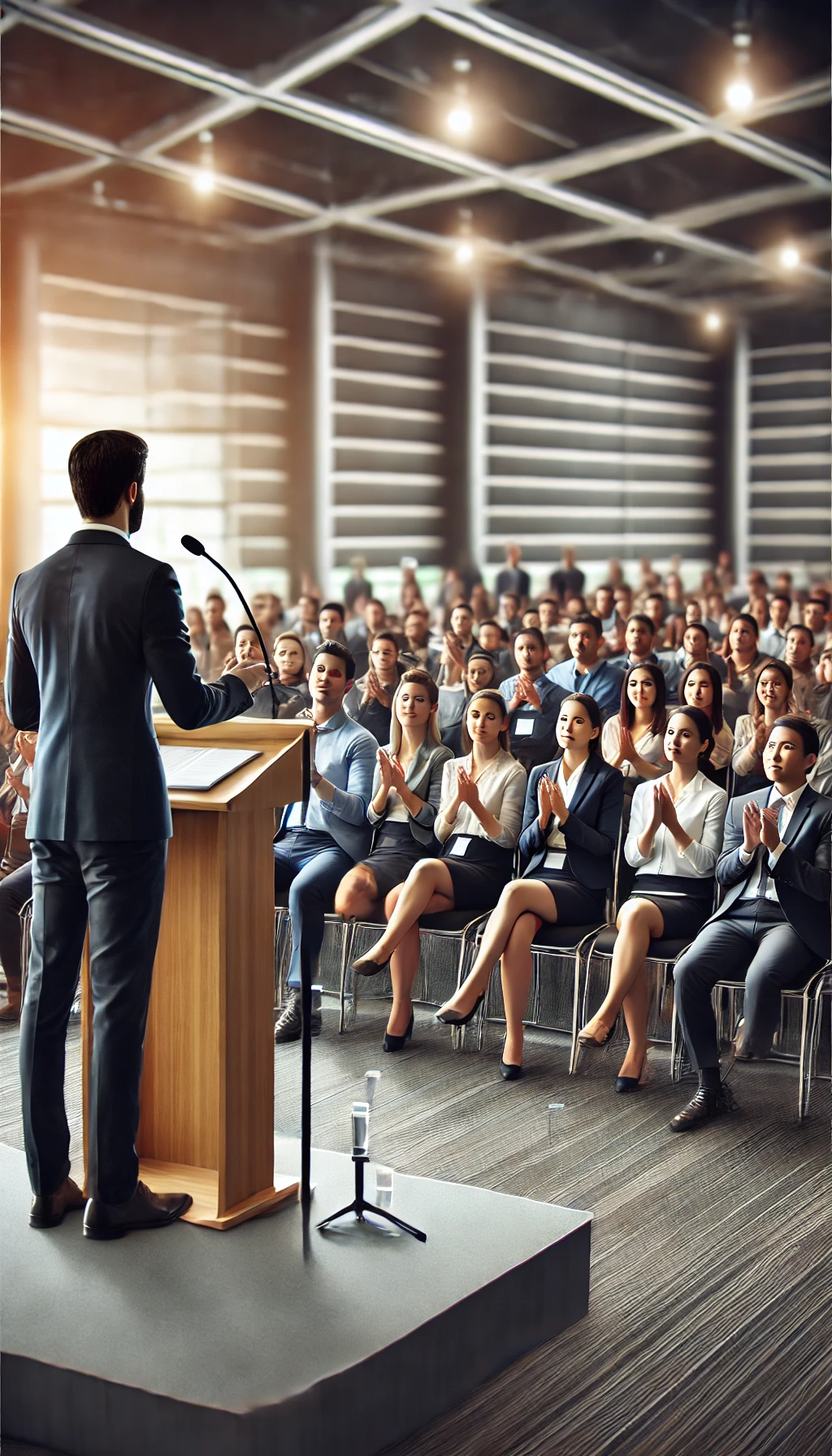 A speaker at a podium beginning a speech, with the audience looking intrigued, showing strong engagement from the start.