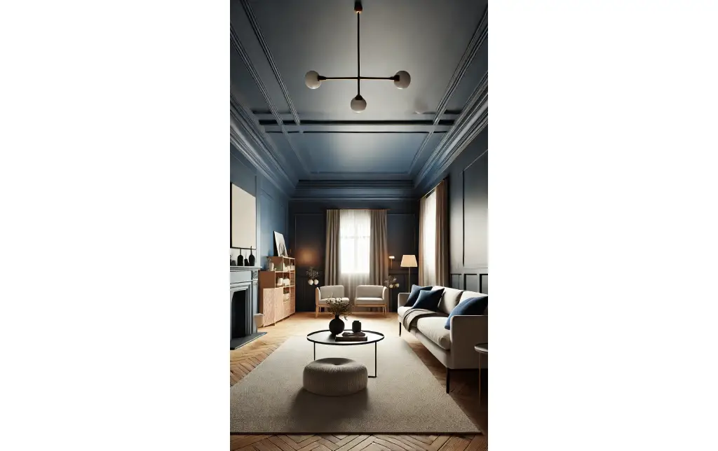 A living room with a navy blue painted ceiling, paired with minimalist furniture and soft lighting, creating a cozy yet bold space.