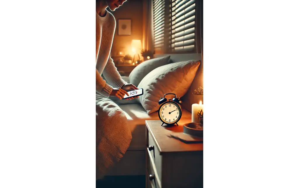 A person setting an alarm on their phone next to their bed in a softly lit room, with a cozy setup indicating a consistent bedtime routine.