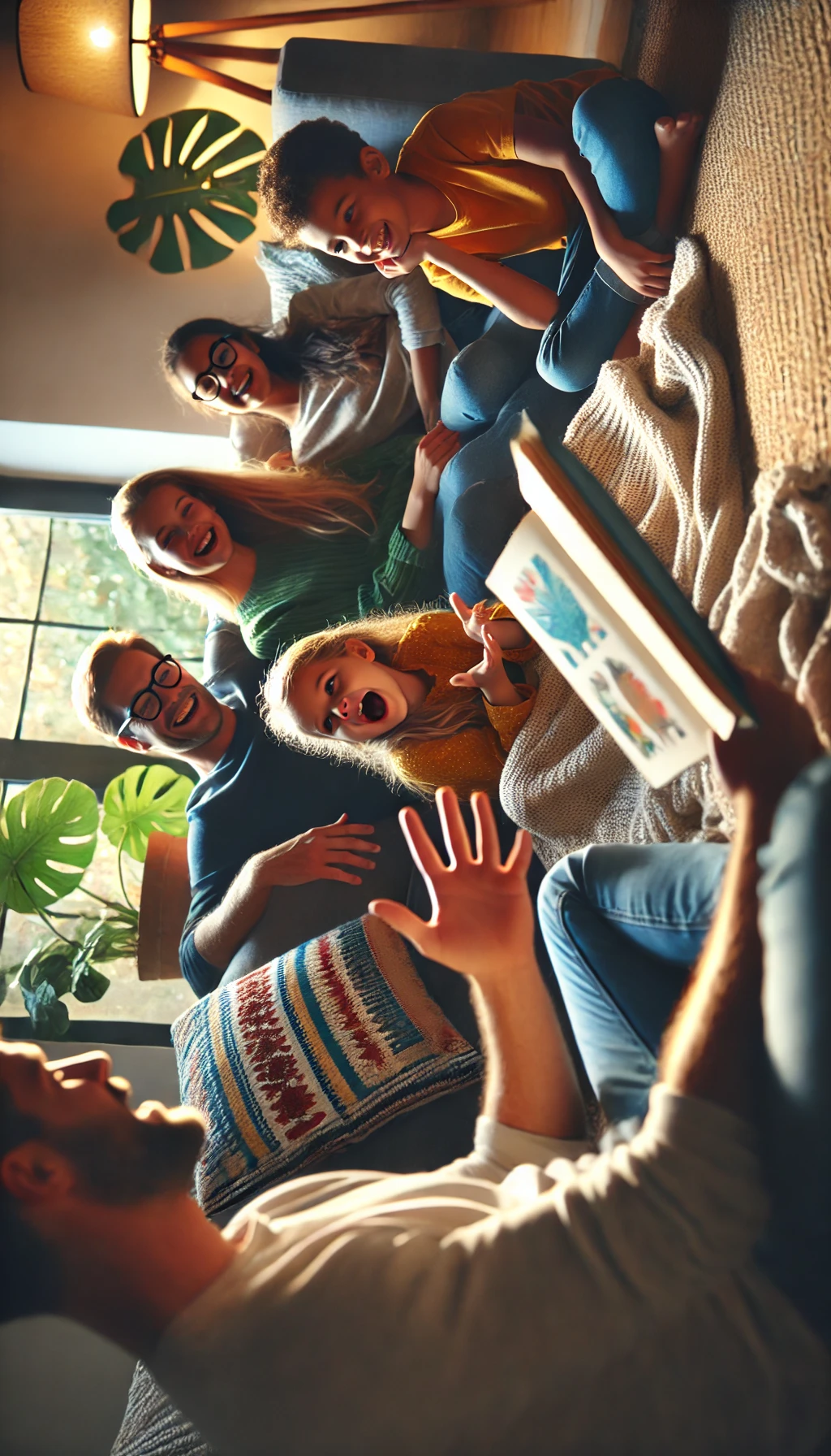 A family sitting together on a couch or floor with blankets, as one person animatedly tells a story, capturing the warmth of family storytelling.