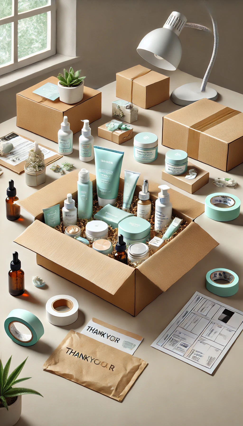 A neatly packaged subscription box filled with skincare products, displayed on a desk with shipping materials and branding elements nearby. 