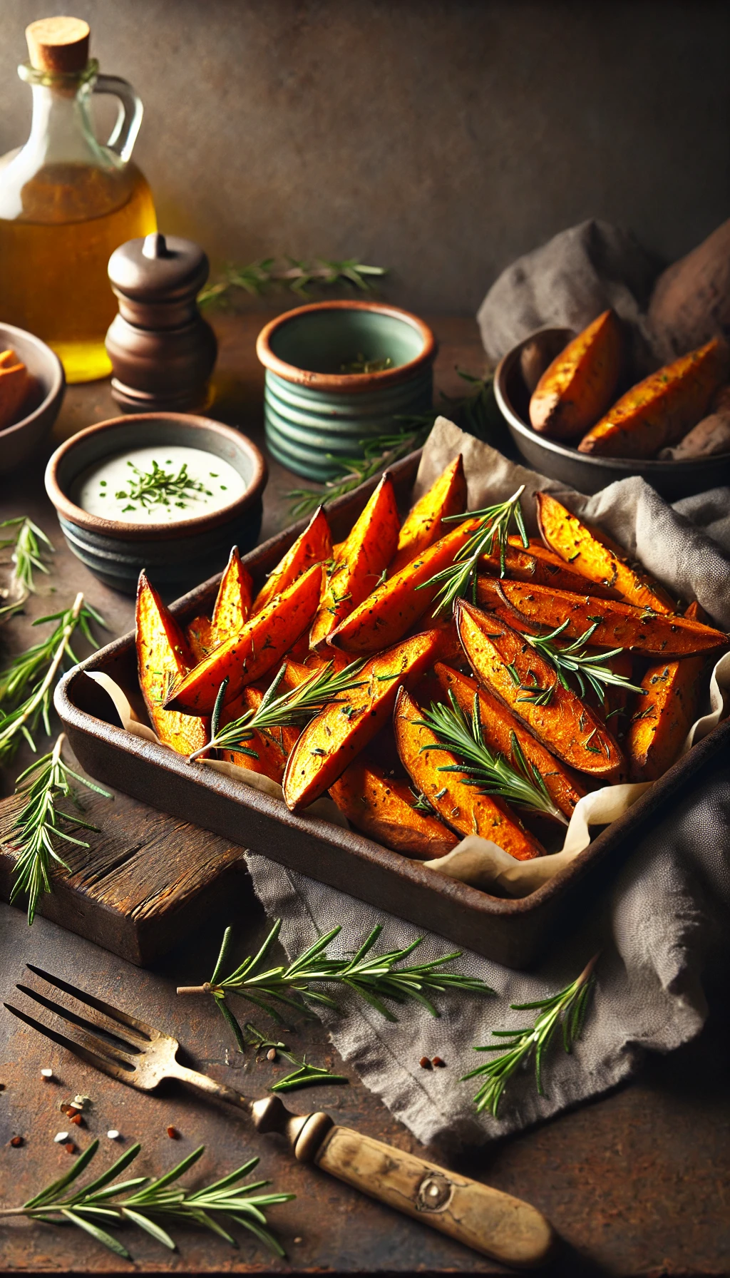 A tray of roasted sweet potato wedges with a sprinkle of rosemary and a side of dipping sauce, placed on a rustic dining table.