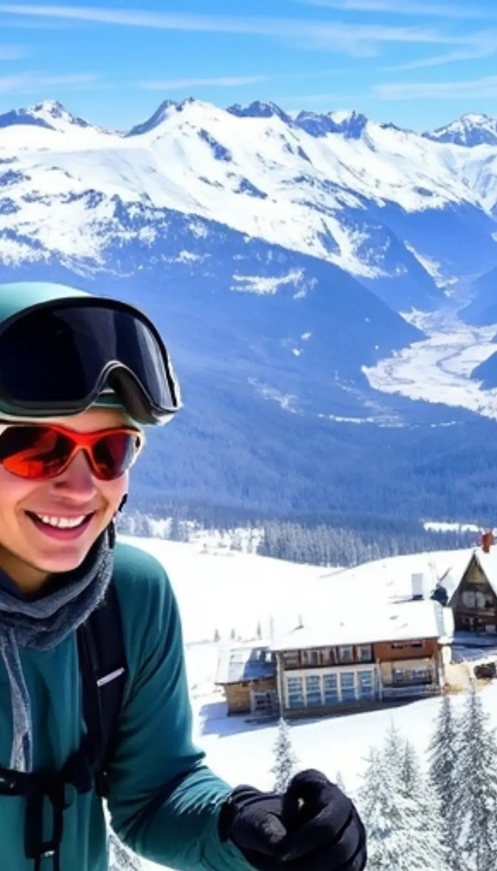 A skier or hiker enjoying the panoramic view of the Swiss Alps, with snow-covered peaks and charming chalets in the distance.