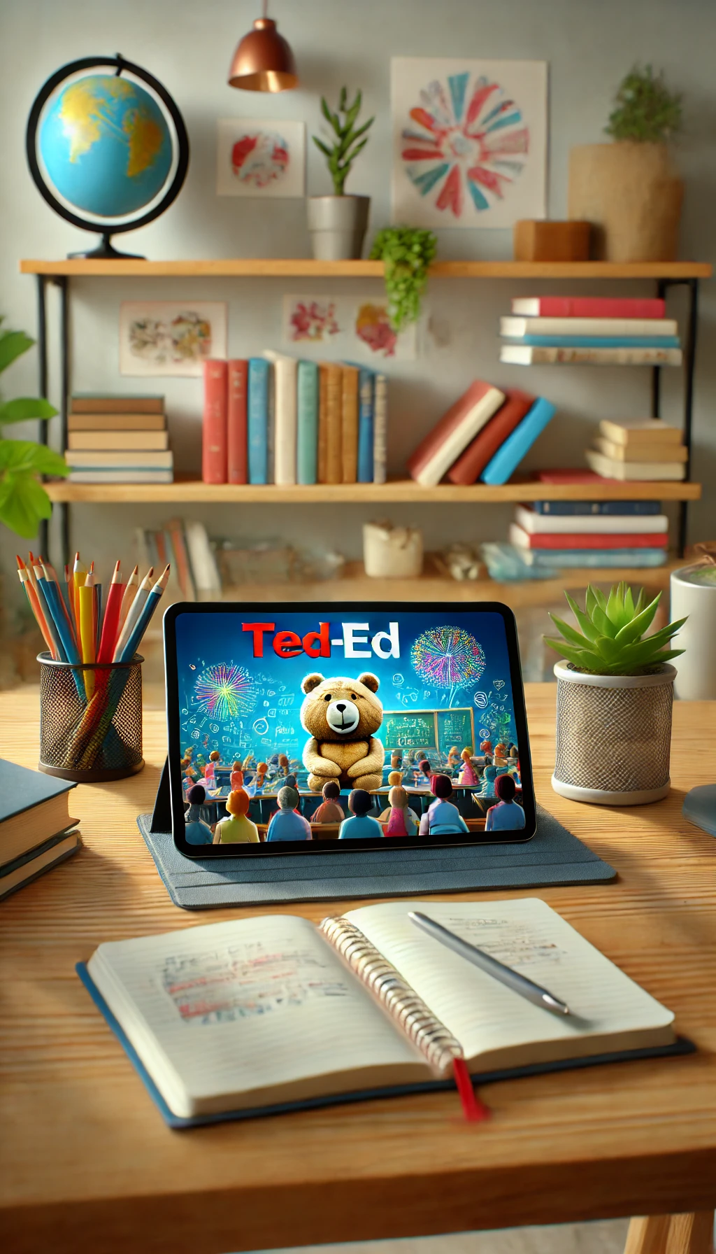 A tablet showing a TED-Ed animation, placed on a desk surrounded by books and a curious learner smiling while watching.