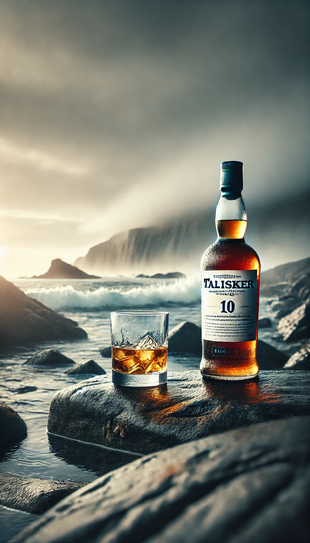 A bottle of Talisker 10 on a rocky shore with a glass of whiskey, surrounded by mist and sea, capturing the rugged and maritime essence of this Scotch.