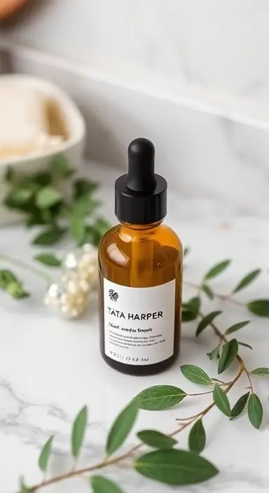 A bottle of Tata Harper serum placed on a marble countertop, surrounded by fresh greenery and botanical elements.