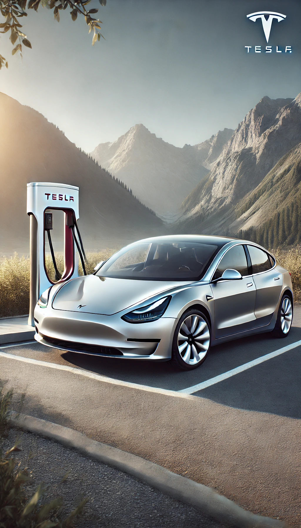 A sleek Tesla Model 3 parked at a charging station with mountains in the background, highlighting its modern design and electric capabilities.