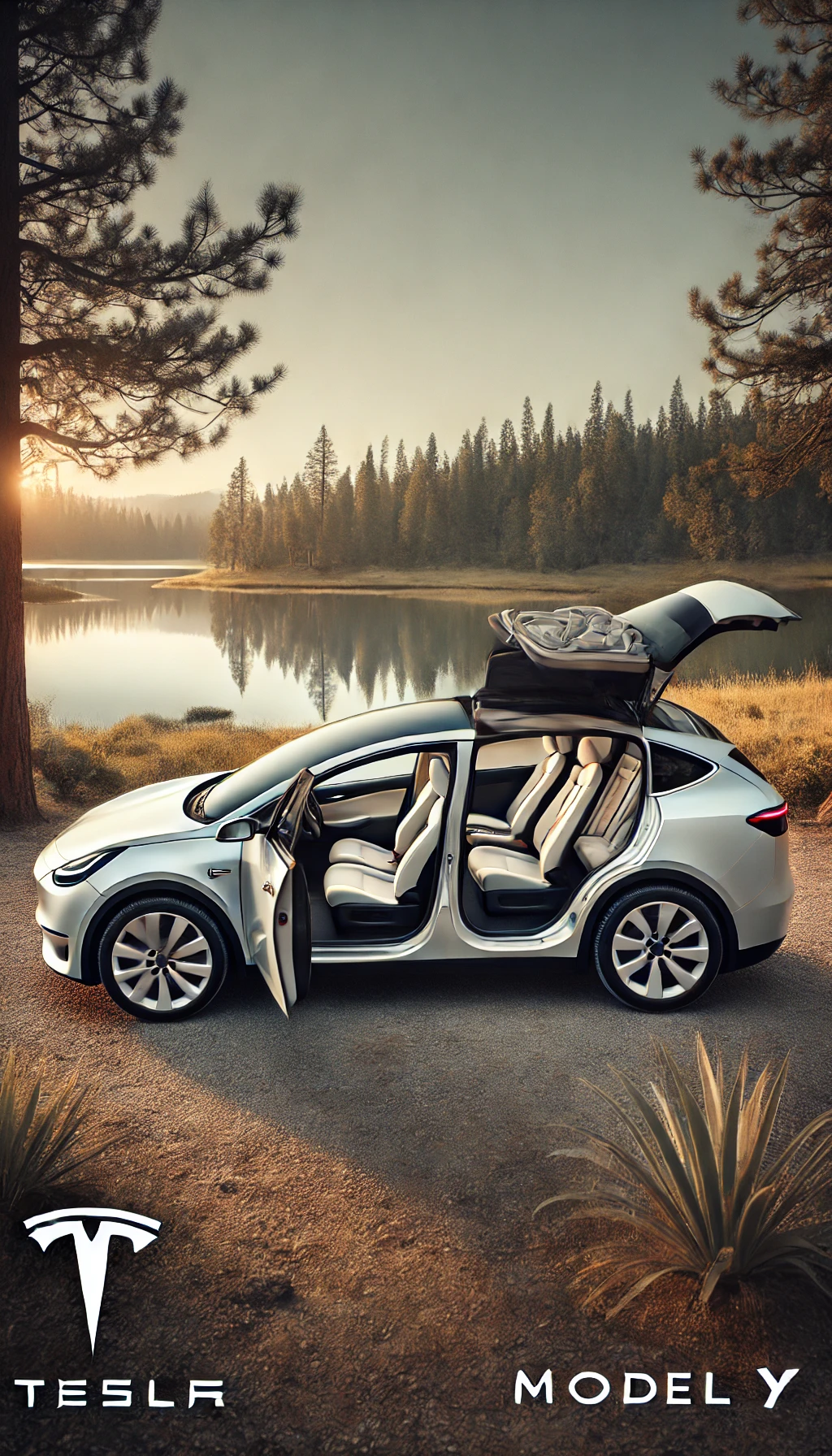 A Tesla Model Y parked by a lake or forest, with its spacious interior visible, highlighting its family-friendly and eco-friendly appeal.