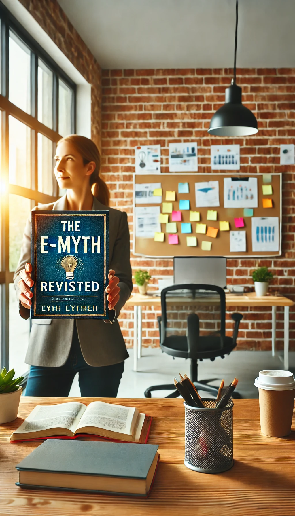 A person holding The E-Myth Revisited in a bright workspace, with a whiteboard or sticky notes in the background for planning.