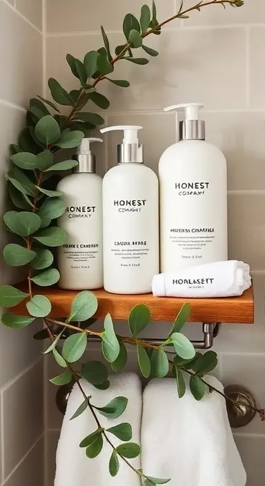 A natural bathroom setting with Honest Company products on a shelf, surrounded by fresh eucalyptus and white towels.