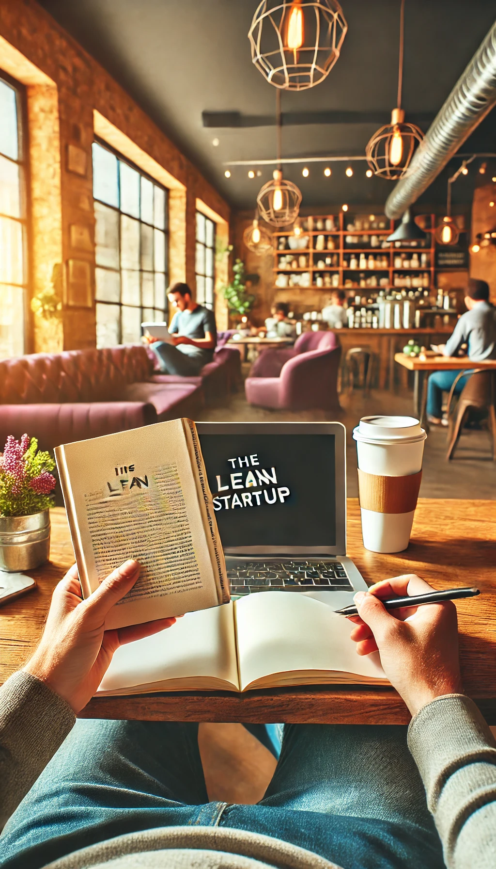 A person reading The Lean Startup at a cozy coffee shop, with a laptop and notepad nearby, symbolizing the startup mindset. 