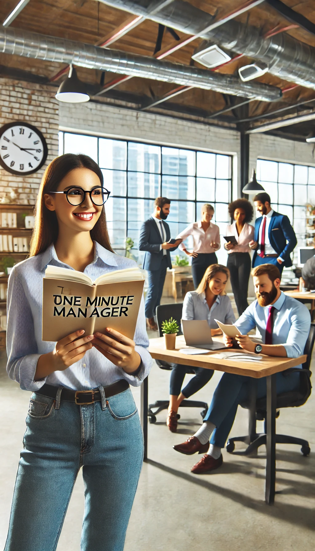 A manager reading The One Minute Manager in a lively office, with employees working in the background, creating a positive team environment.