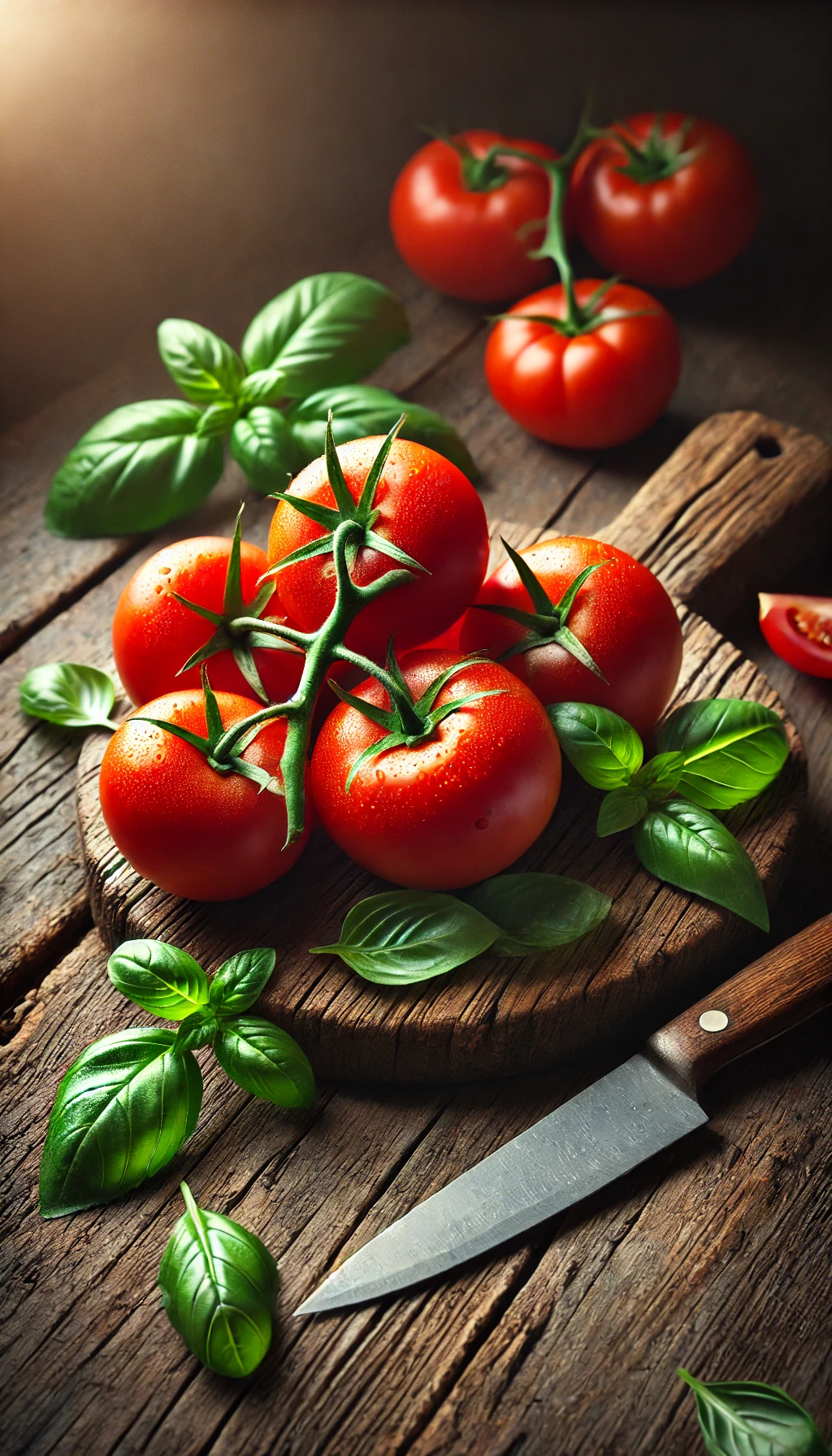 A cluster of ripe red tomatoes on the vine, placed on a wooden table with a knife and fresh basil leaves nearby.