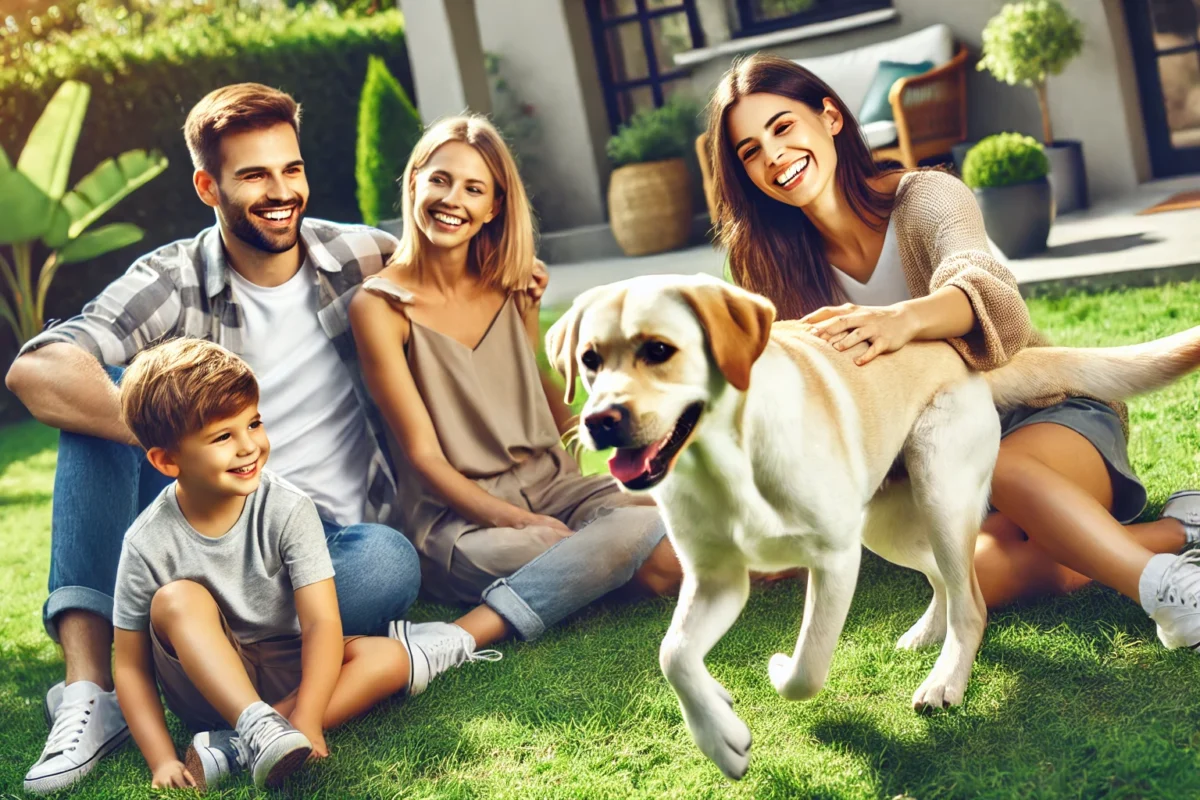 A happy family sitting on the grass in their backyard, with a Labrador Retriever joyfully playing with the kids, capturing the bond between family and pet in a natural, warm setting