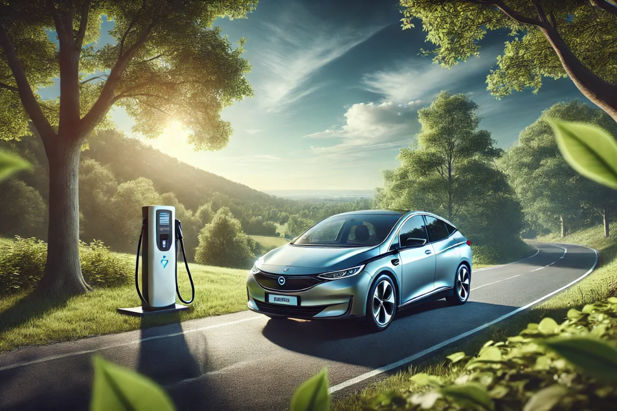 A sleek, modern fuel-efficient car (hybrid or electric) parked on a scenic road with green trees and blue skies in the background. The car is positioned in a way that highlights its eco-friendly design, with a subtle charging station or a 'hybrid' badge visible to emphasize its sustainability. Soft, natural lighting enhances the clean and environmentally conscious vibe