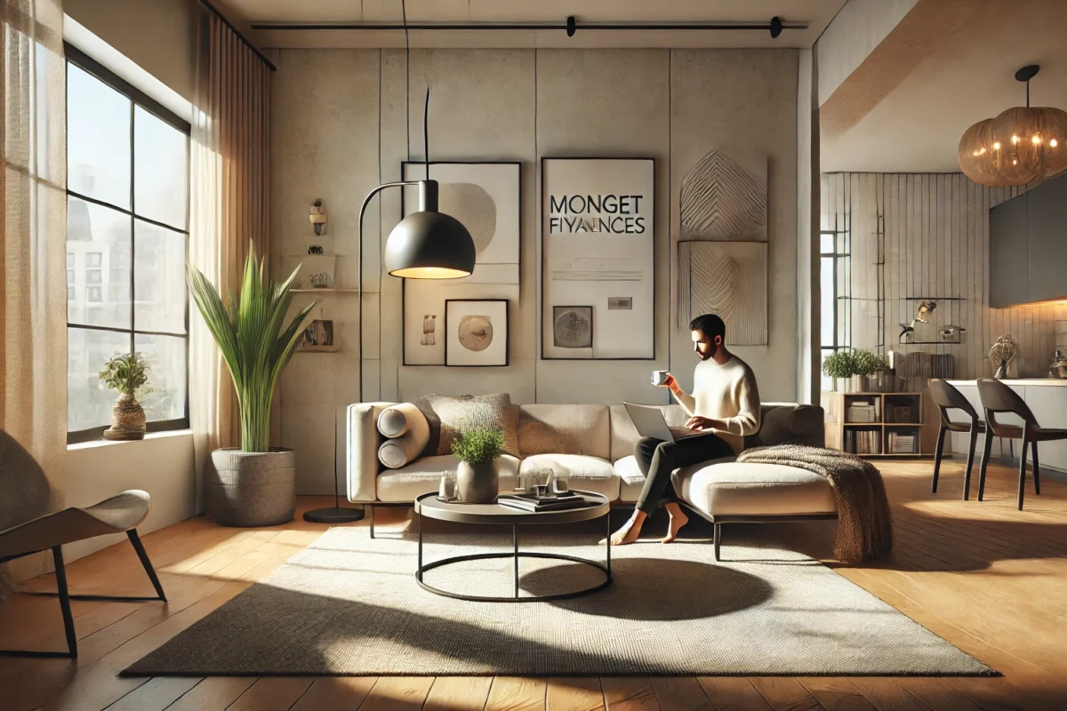 A cozy modern living room with a minimalist vibe, showing a person relaxing with a cup of coffee while budgeting on a laptop. The scene emphasizes comfort and smart money management, with greenery, warm lighting, and a sense of balance