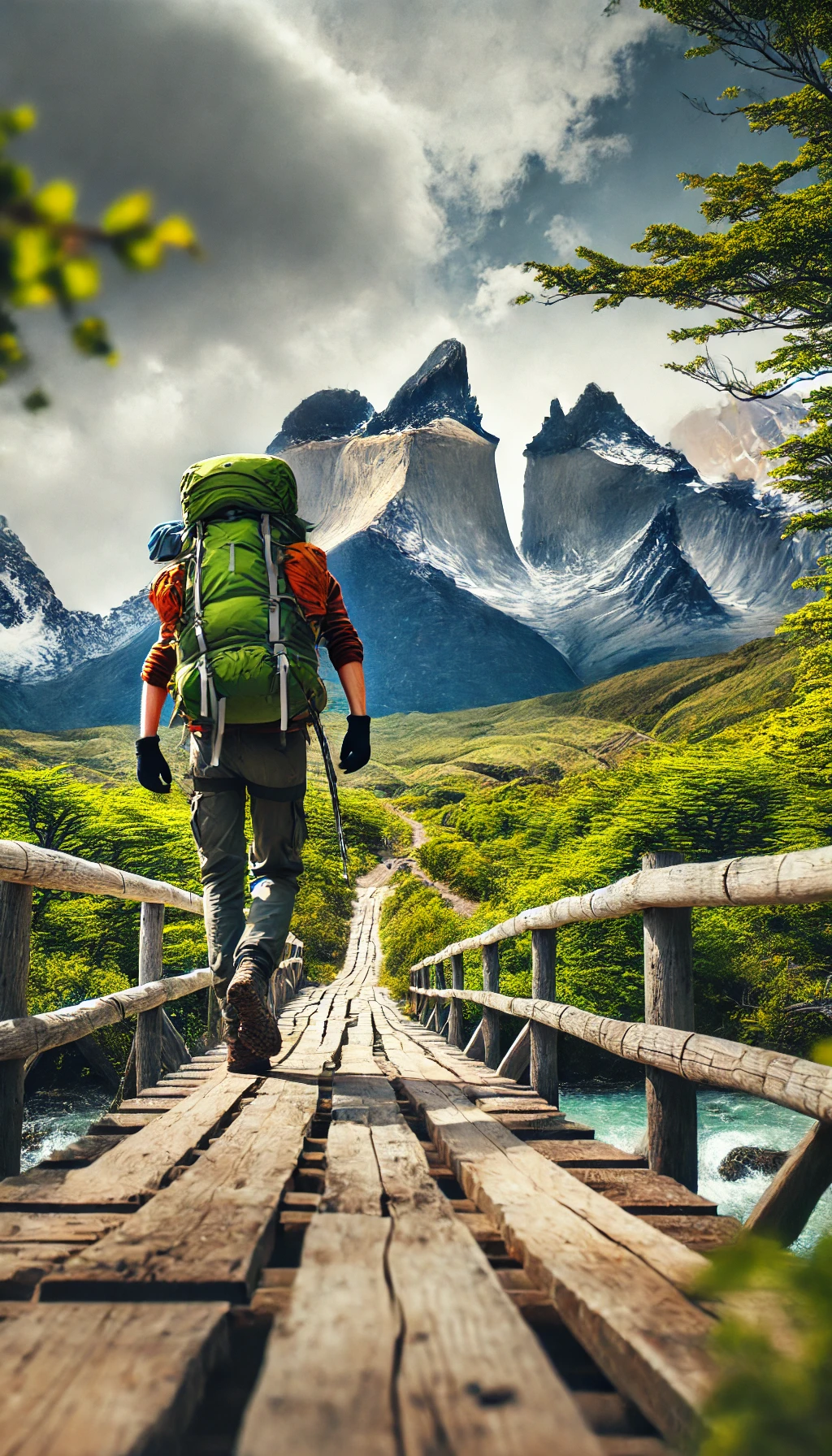 A backpacker crossing a wooden bridge with the jagged peaks of Torres del Paine in the background, surrounded by lush greenery.