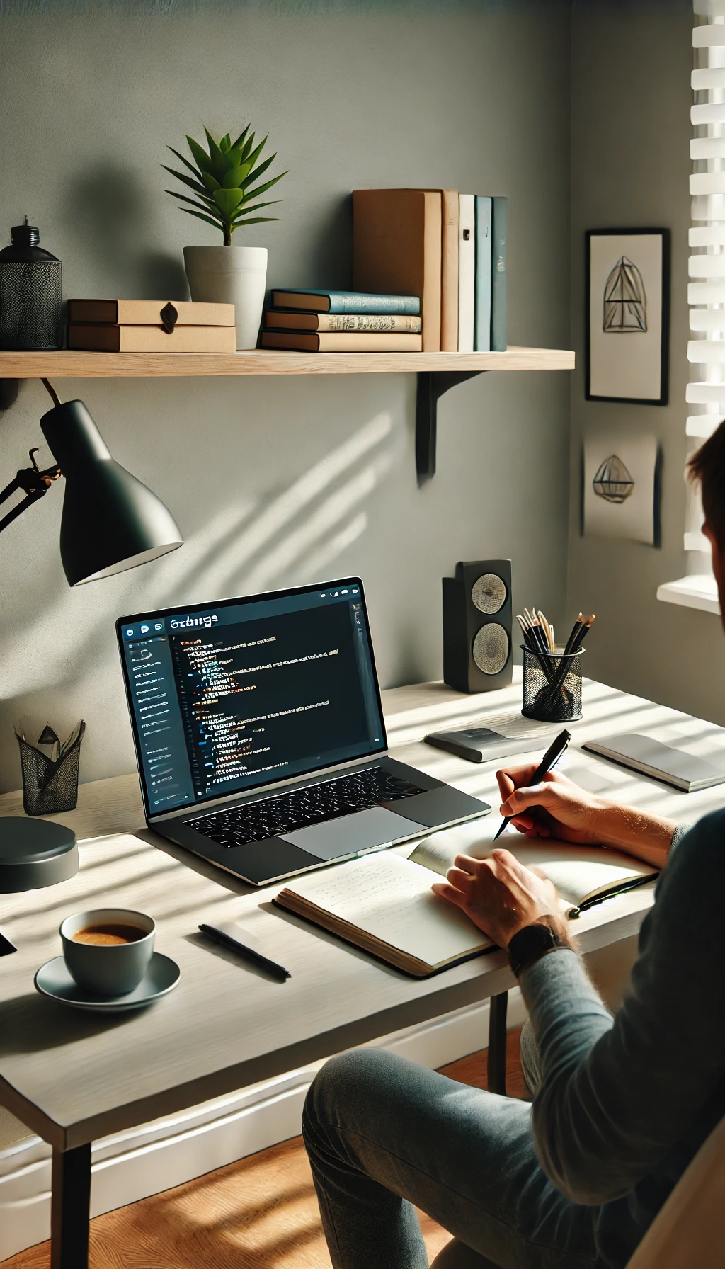 A laptop showing a coding lesson on Treehouse, with a person taking notes and working in a modern home office setup.