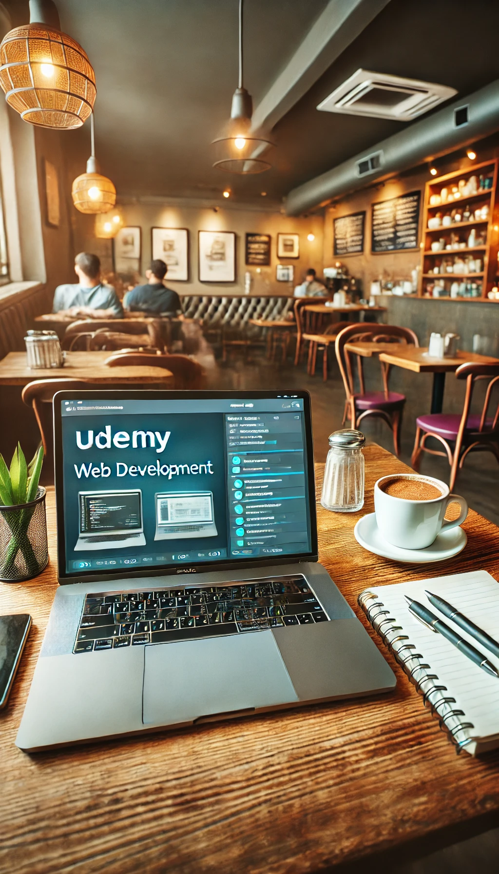 A laptop screen showing an active Udemy course on web development, surrounded by notebooks and pens in a café-like setting.