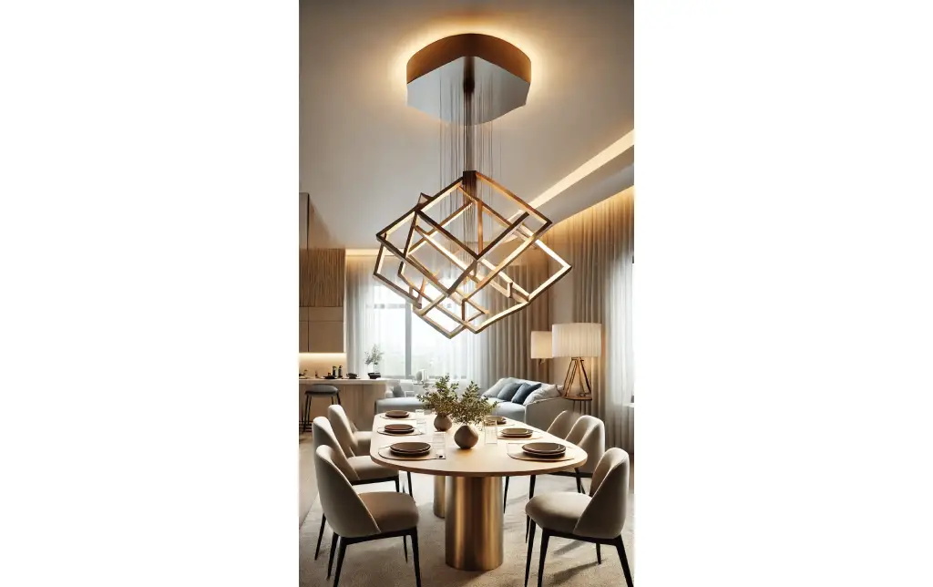 A modern chandelier with geometric shapes hanging above a dining table, casting a warm, elegant glow in a contemporary setting.