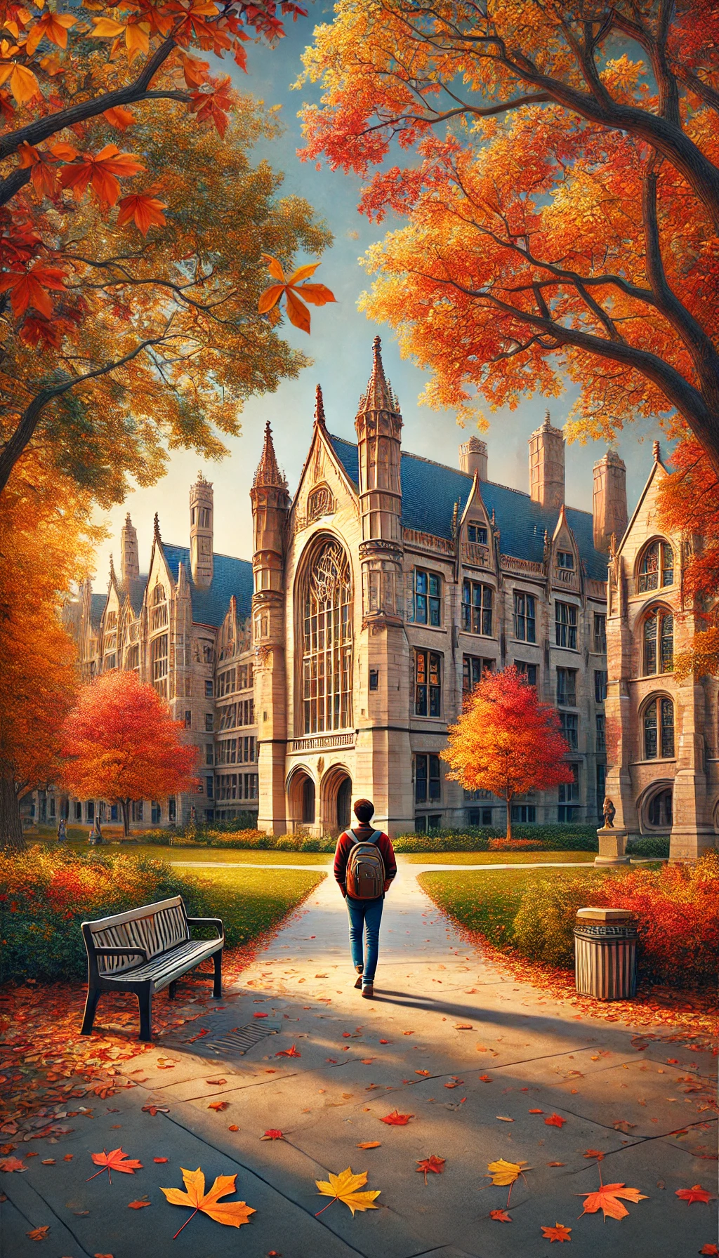 A student walking through UChicago’s campus with its signature Gothic-style buildings and fall foliage in the background.