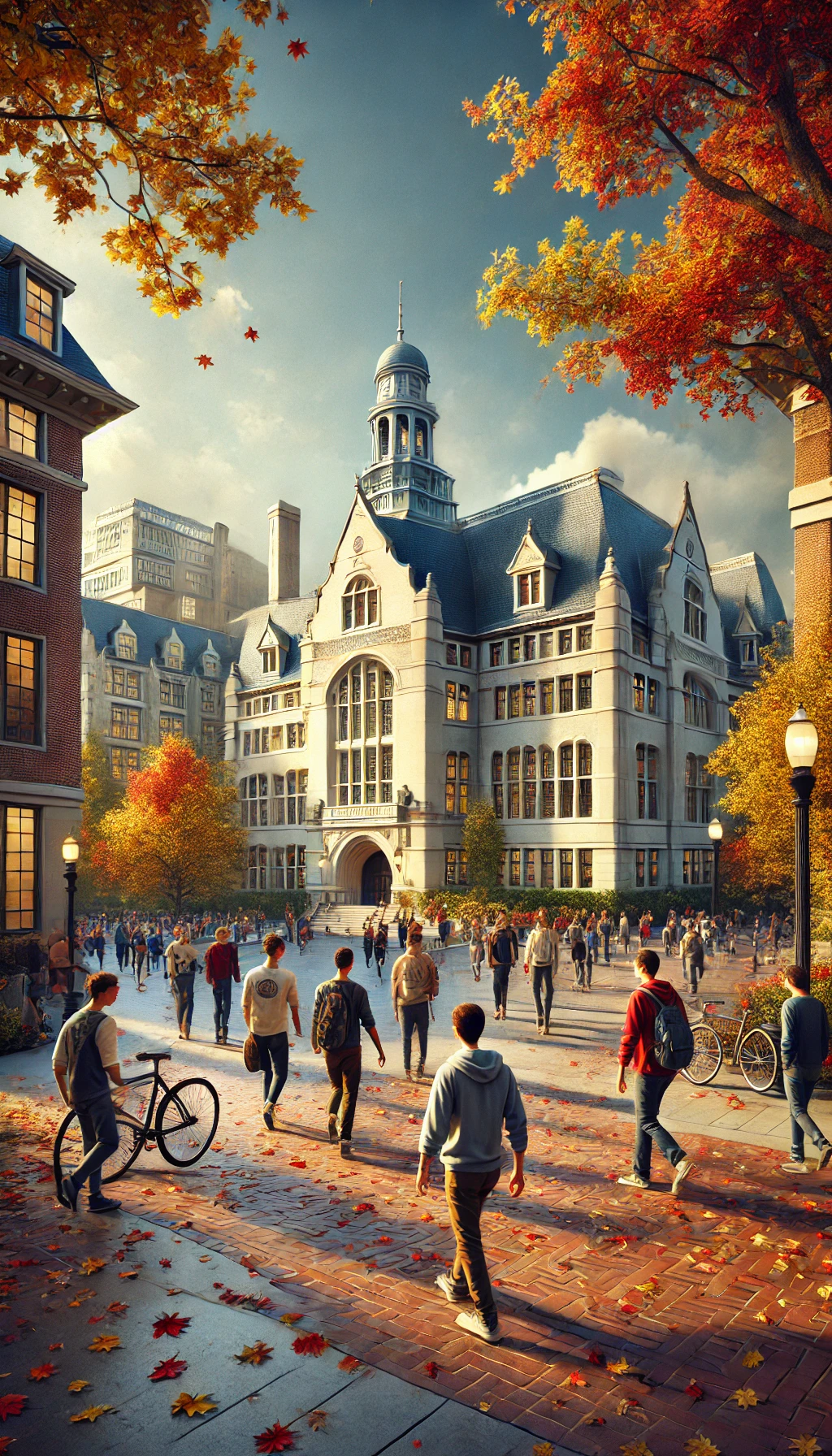 UPenn’s iconic Huntsman Hall with students walking nearby, surrounded by autumn leaves and classic university buildings.