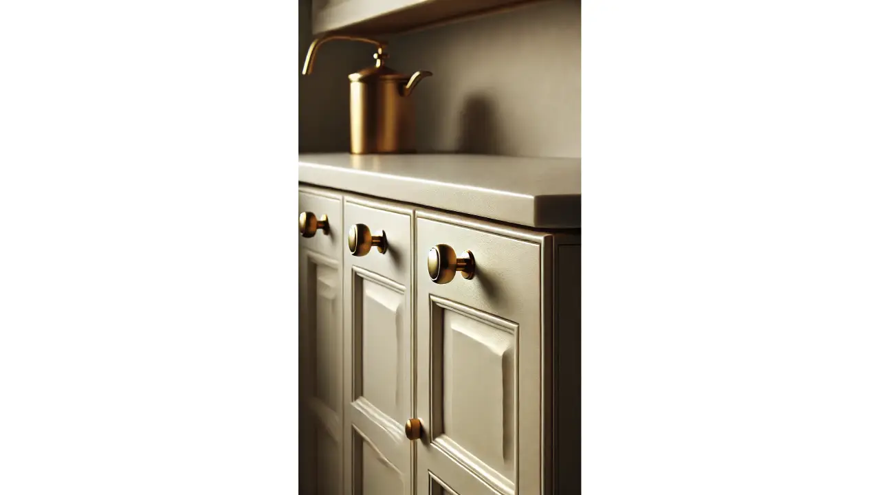 A kitchen cabinet with new brass knobs, adding a touch of elegance and sophistication to an otherwise simple space.