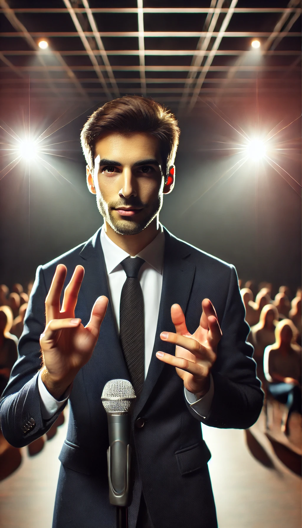 A speaker using hand gestures and making eye contact with the audience, looking confident and engaged on stage