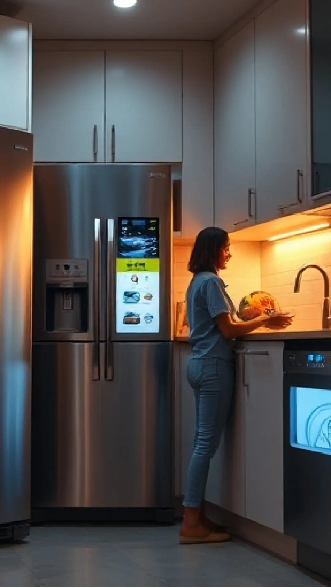 A modern kitchen with energy-efficient appliances like a refrigerator and dishwasher, glowing LED lighting, and a person happily using the appliances.