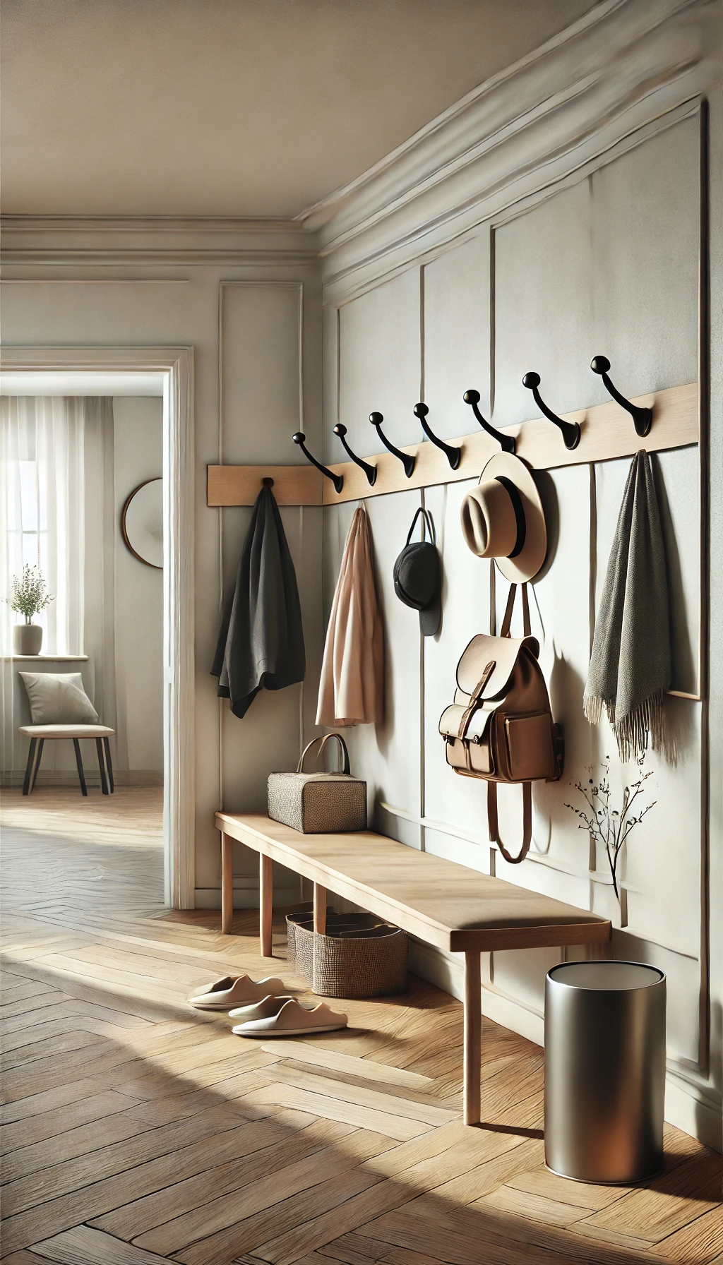 A hallway with stylish wall hooks holding bags, coats, and hats, adding functionality to the space while keeping it organized and clutter-free.