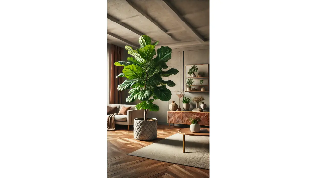 A large fiddle-leaf fig plant in a decorative pot, placed in a living room corner, adding color and a natural element to the decor.