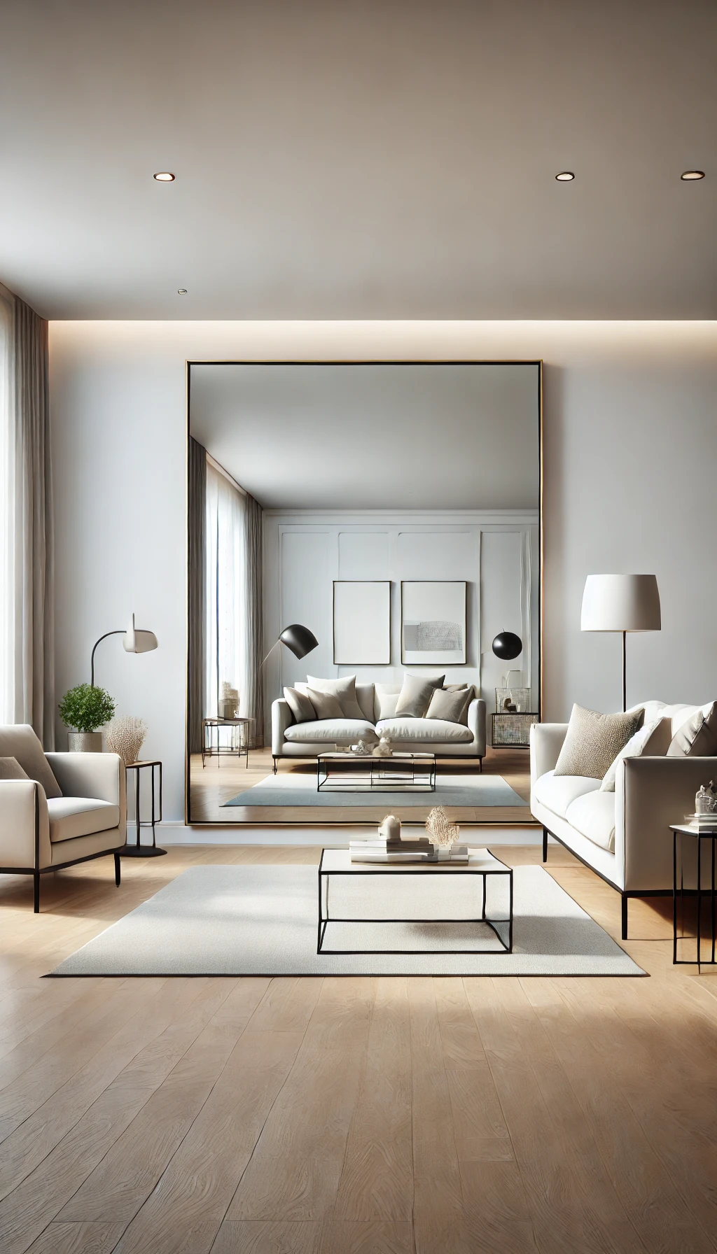 A modern living room with a large, stylish mirror on the wall, reflecting light and making the space appear more open and spacious.