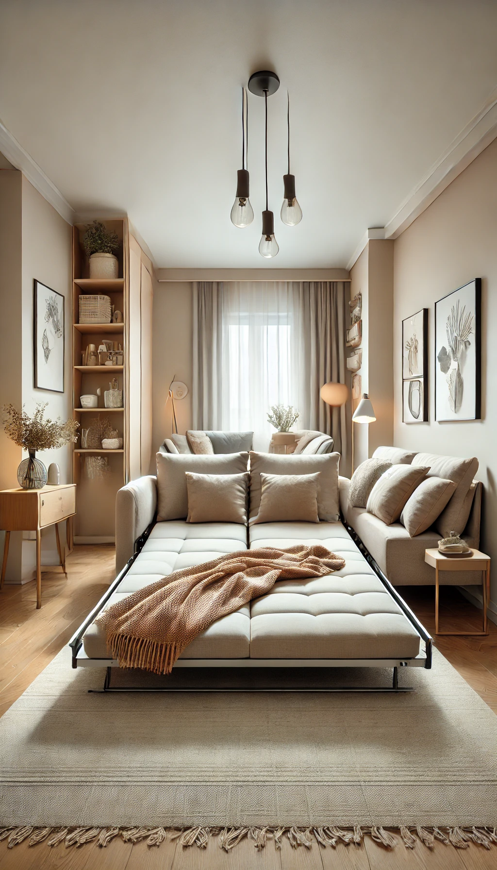 A stylish sofa bed in a small living room, with cozy decor. The sofa is pulled out to show its dual function, surrounded by compact, chic furniture.