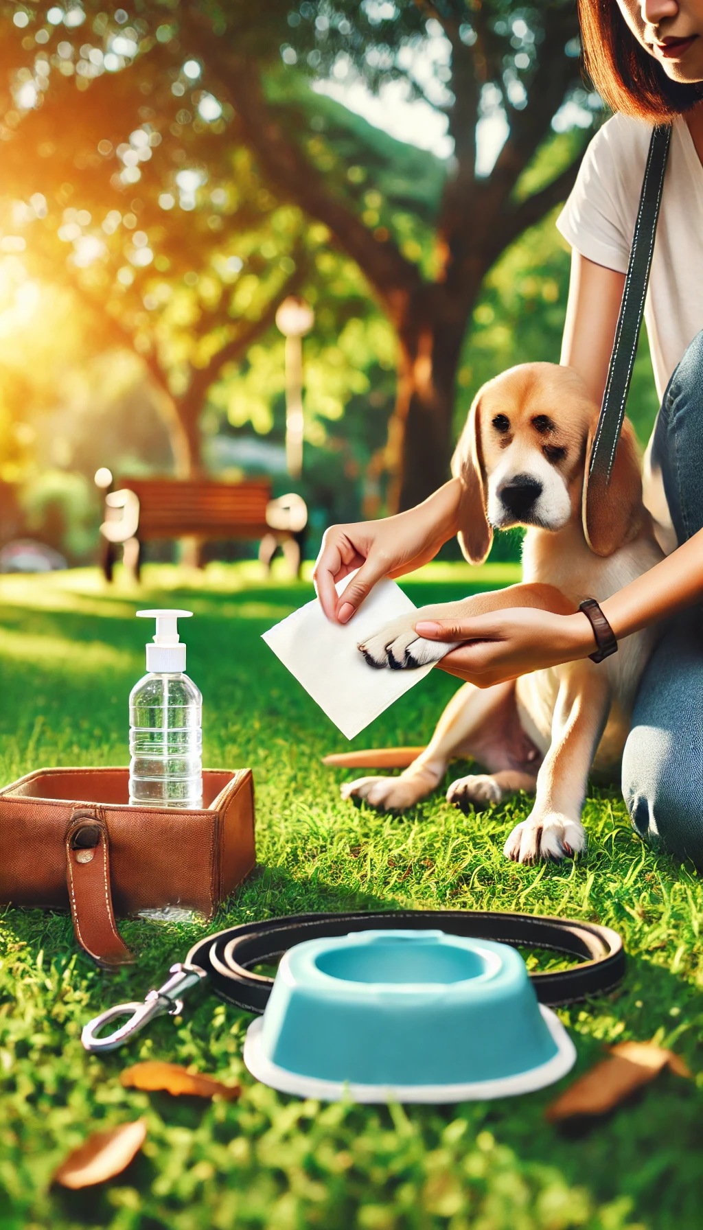 A person wiping their dog’s paws with pet wipes after a walk in the park, with a leash and water bottle nearby.