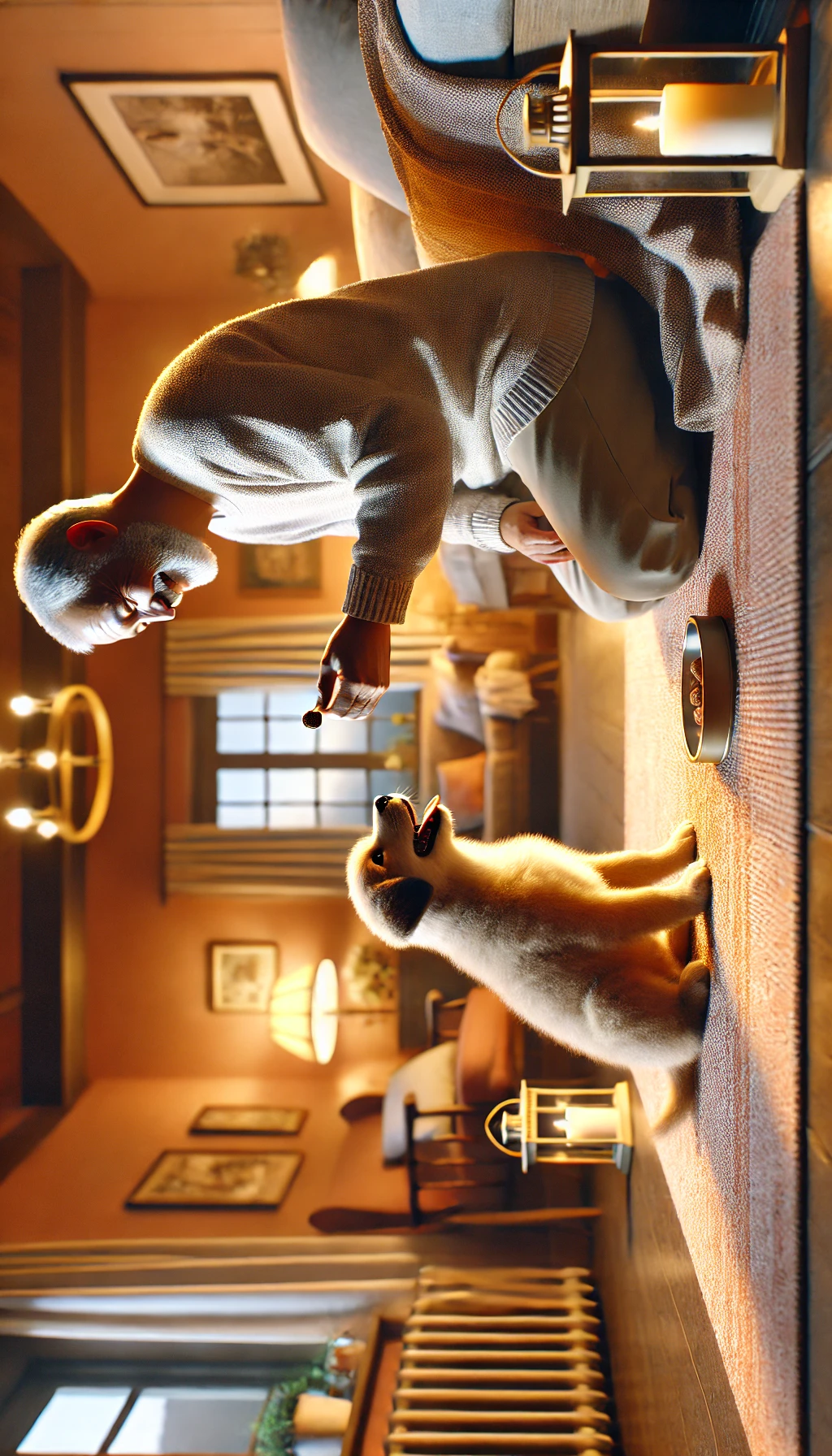 A puppy receiving a treat and a pat on the head from its owner after performing a trick indoors, with soft, warm lighting creating a cozy vibe.