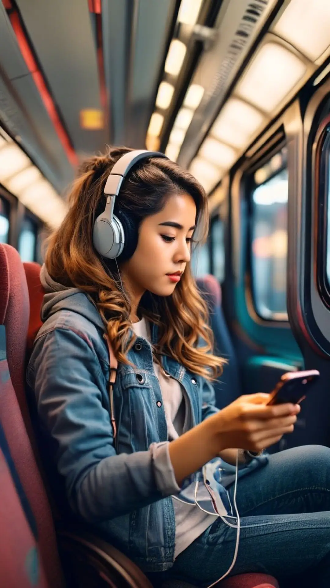 A person riding a bus or train, listening to music on headphones, with a relaxed, content expression while commuting in a modern city.