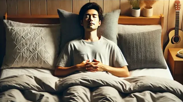 A person lying in bed with eyes closed, hands resting on their stomach, practicing deep breathing in a peaceful, softly lit bedroom.