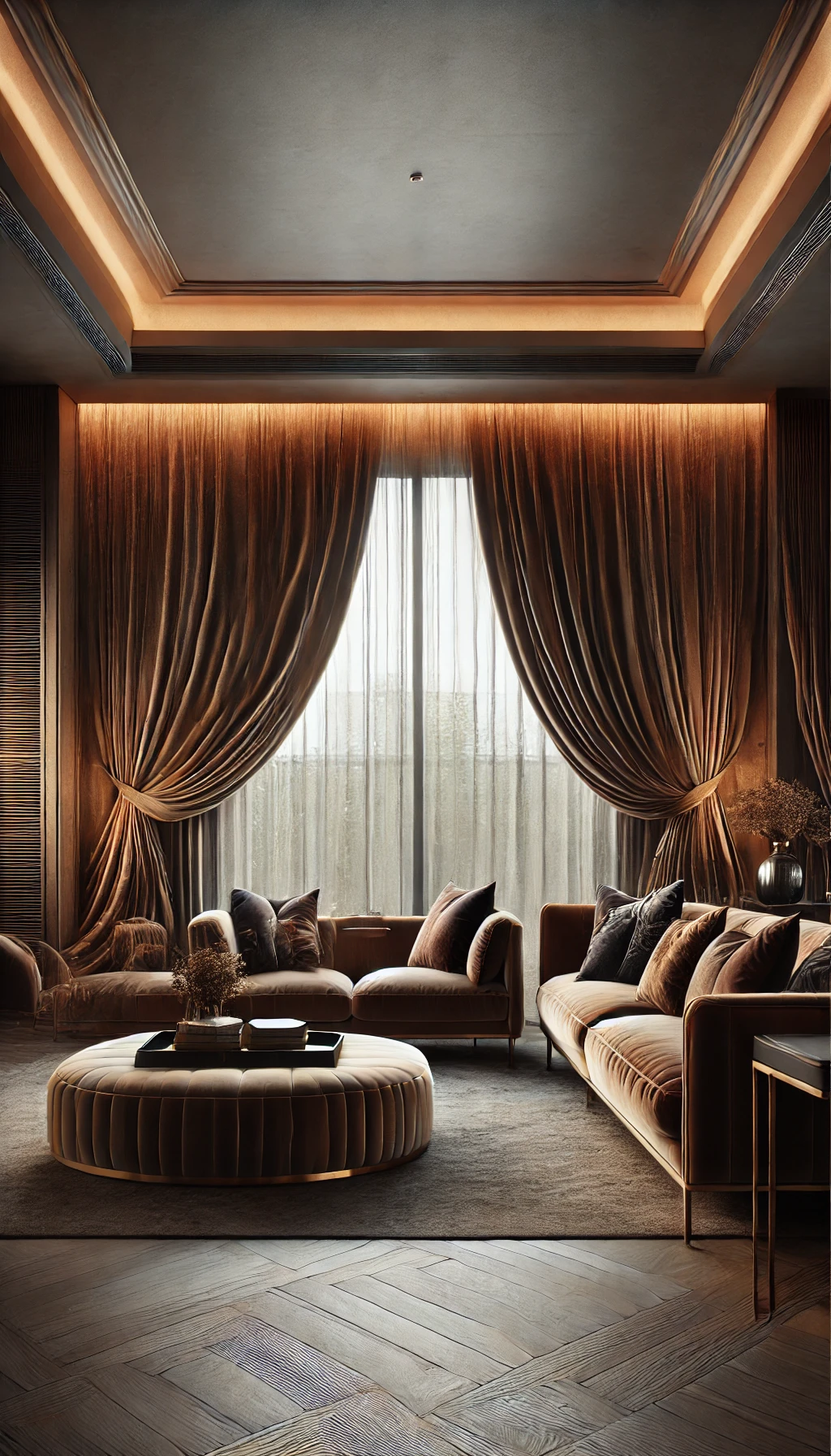 A living room with floor-to-ceiling velvet curtains framing a large window, adding warmth and a cozy feel to the space.