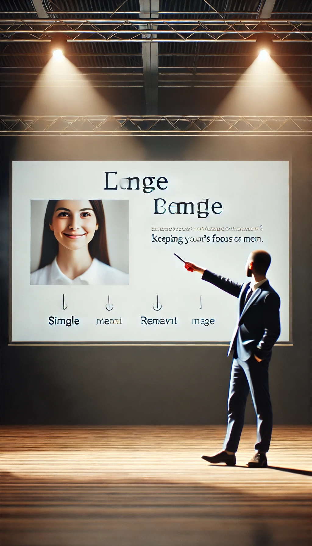 A speaker pointing to a simple, clean slide with minimal text and a relevant image, keeping the audience’s focus on them.