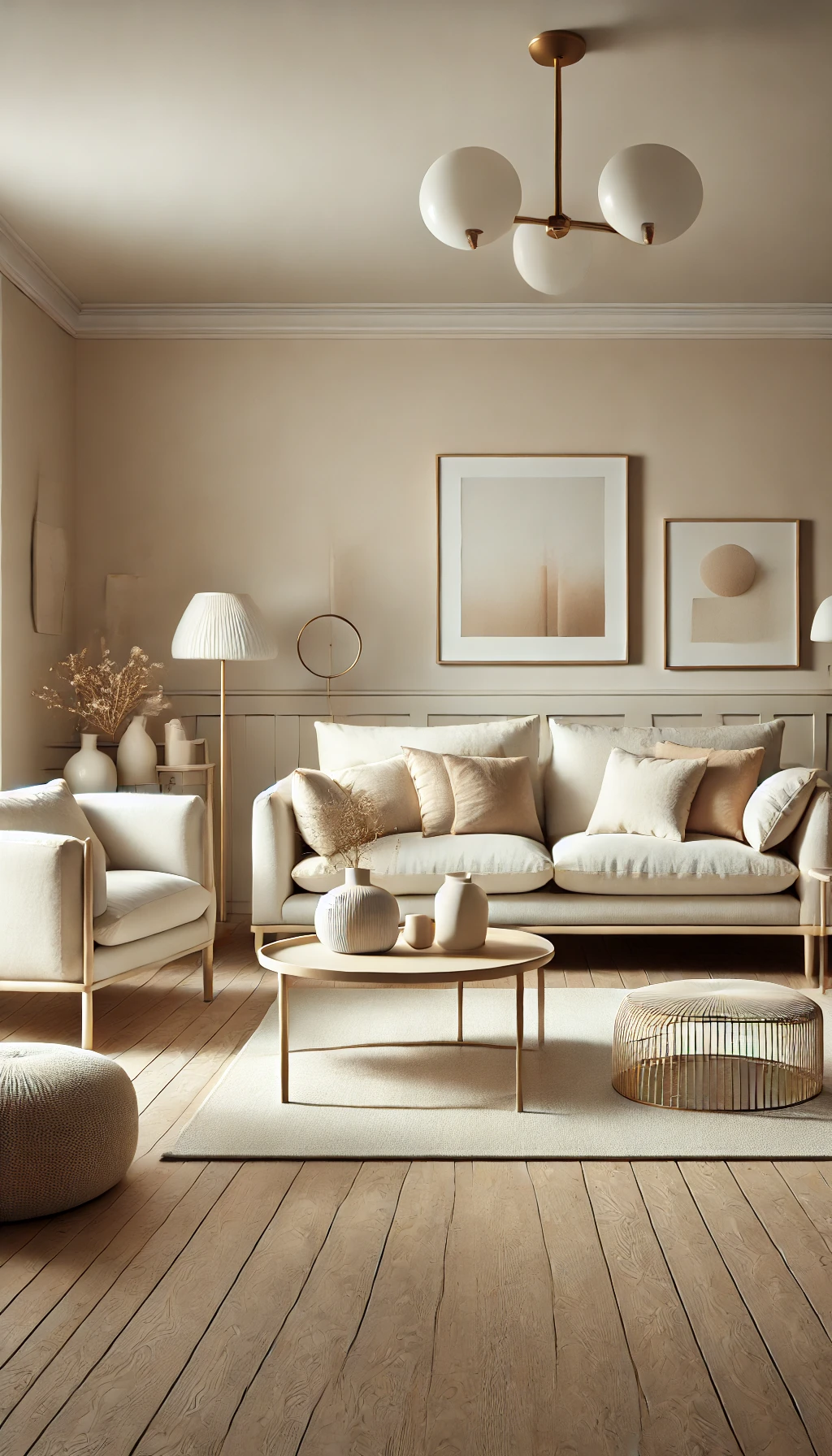 A living room with neutral-toned furniture and decor, with beige and cream colors dominating, giving a serene, cozy look.