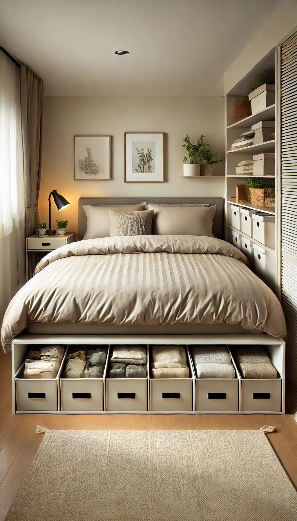 A neatly made bed with organized storage boxes peeking out from underneath, showcasing how this hidden space can be efficiently used.