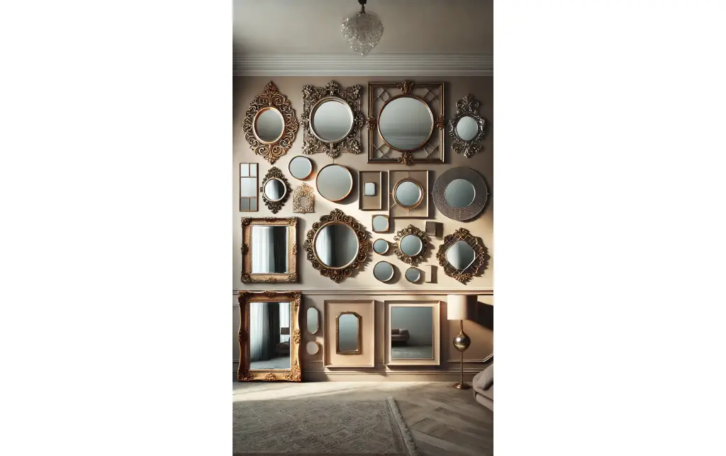 A wall decorated with an eclectic mix of vintage mirrors in various shapes and frames, creating a reflective and stylish gallery wall.