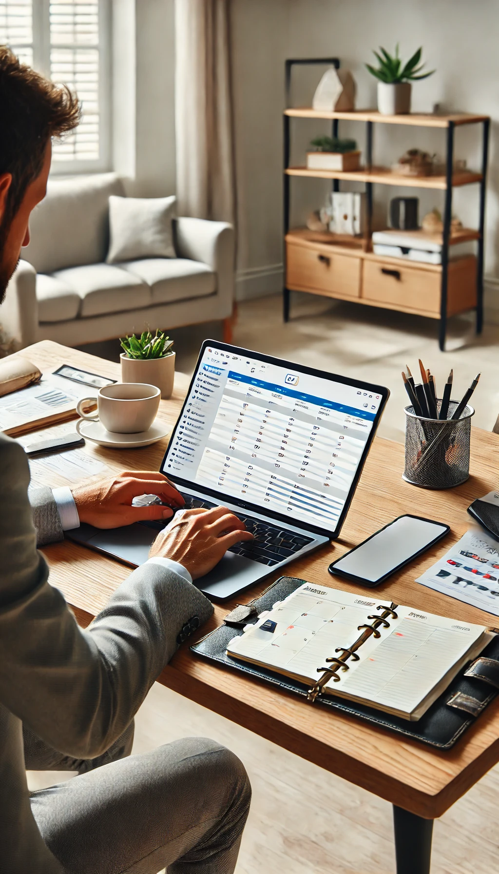 A professional working on a laptop, managing tasks through email and scheduling software, in a tidy home workspace with a planner and phone nearby.