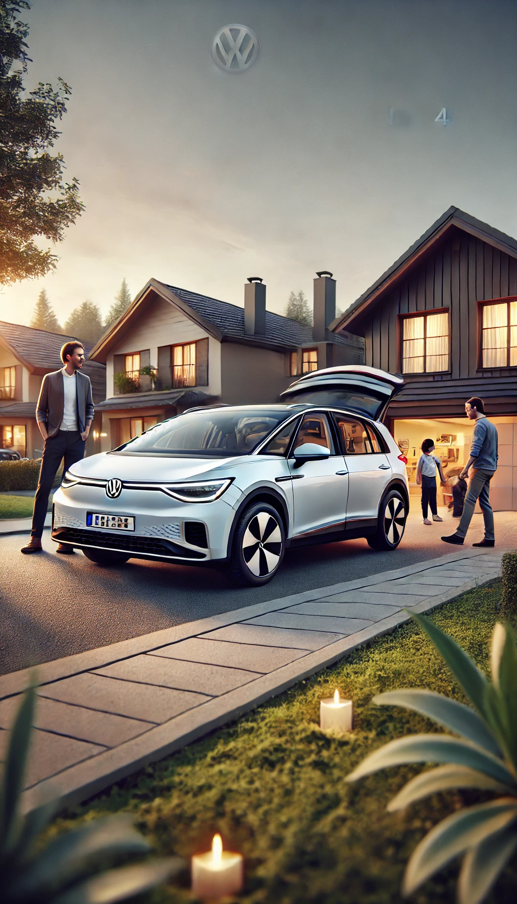 A Volkswagen ID.4 parked in a residential area with a family nearby, highlighting its spacious, family-friendly design and eco-conscious features.