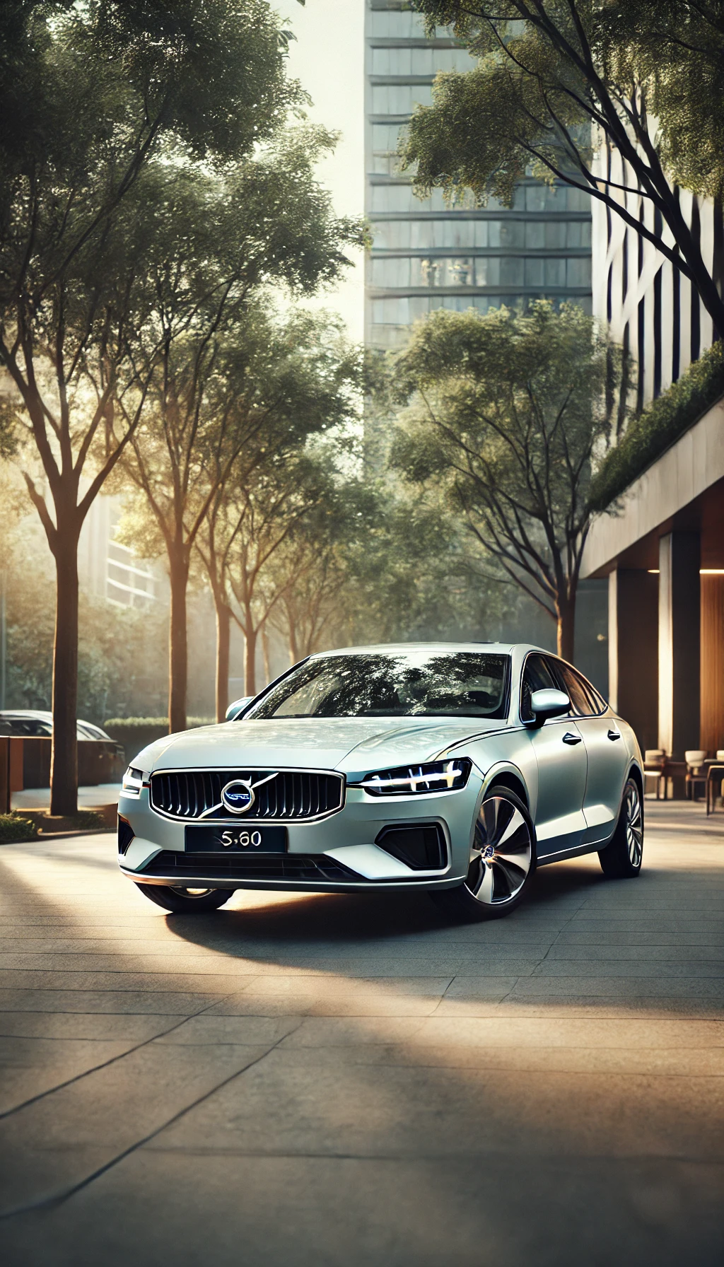 A Volvo S60 parked in a peaceful urban setting, with trees and soft lighting enhancing its clean, modern design.