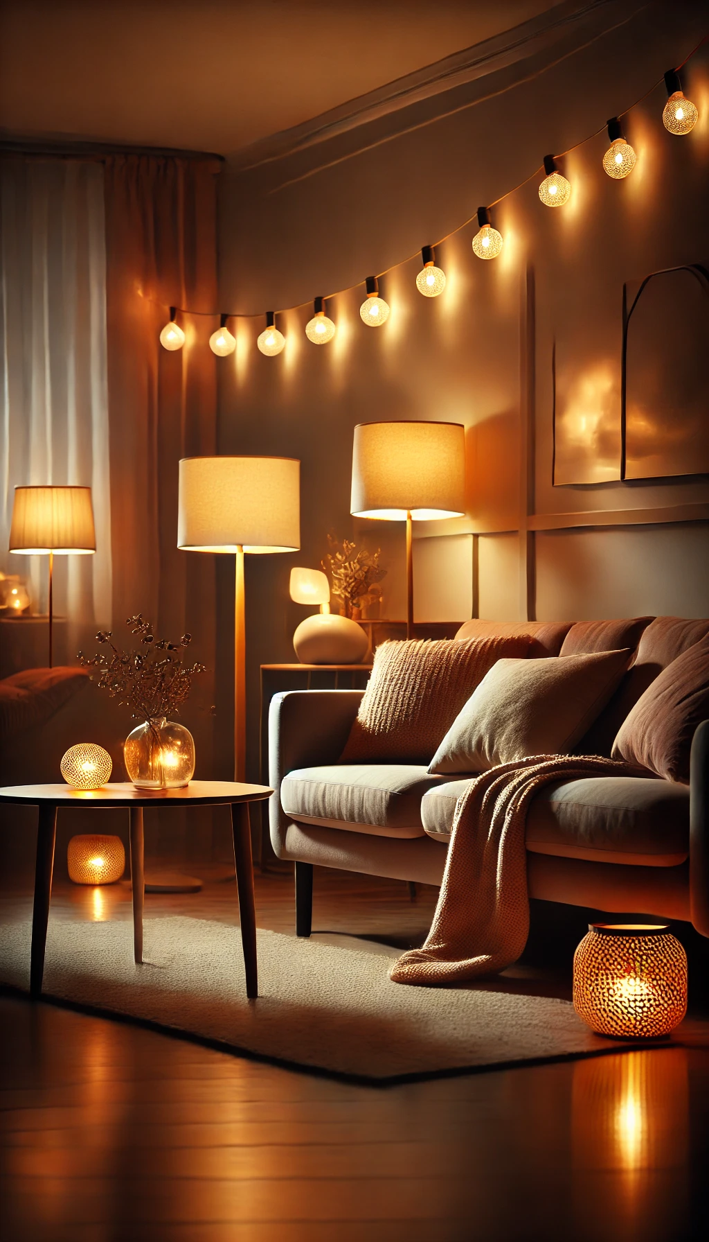 A softly lit living room with warm-toned table lamps and string lights, creating a cozy and inviting ambiance.